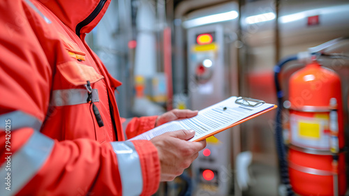 Professional Technician inspect fire extinguisher , annual inspection .