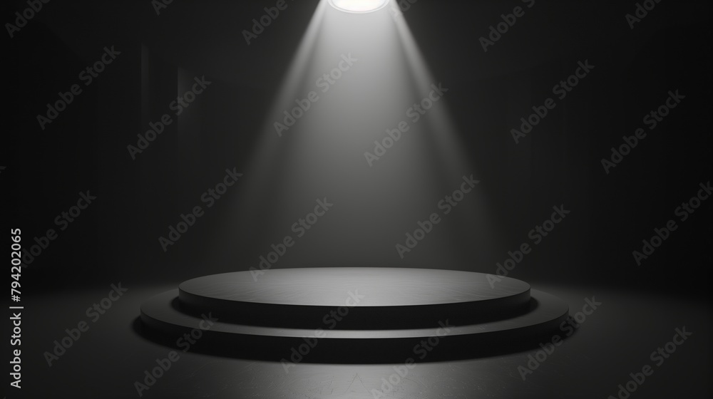 Abstract black and white background with spotlight on empty stage for product display presentation. Generated by artificial intelligence.