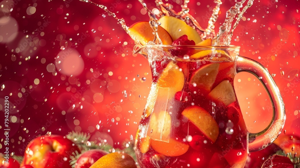 A pitcher of sangria levitating, fruits and wine mingling in a splash, set against a festive, bright red background,