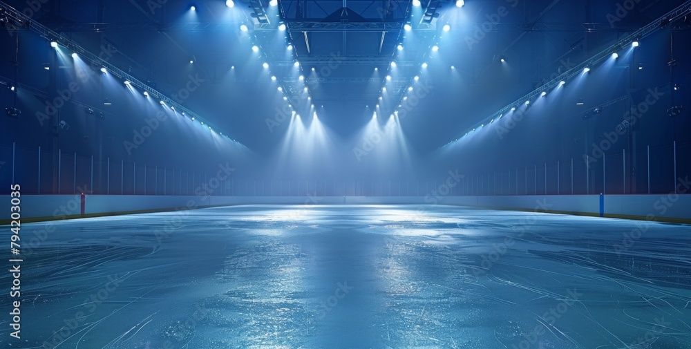 Fototapeta premium A large ice rink with a blue sky above it. The lights are on and the ice is wet
