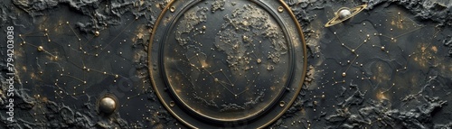 A detailed celestial map etched on black granite reveals constellations and zodiac signs in a minimalist design.