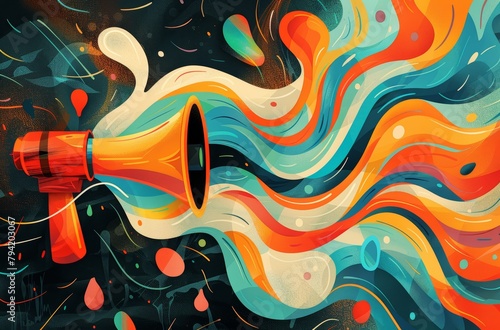 A colorful  abstract painting of a microphone with a colorful  flowing wave behind it. The painting conveys a sense of energy and excitement  as if the microphone is amplifying the sound of the wave