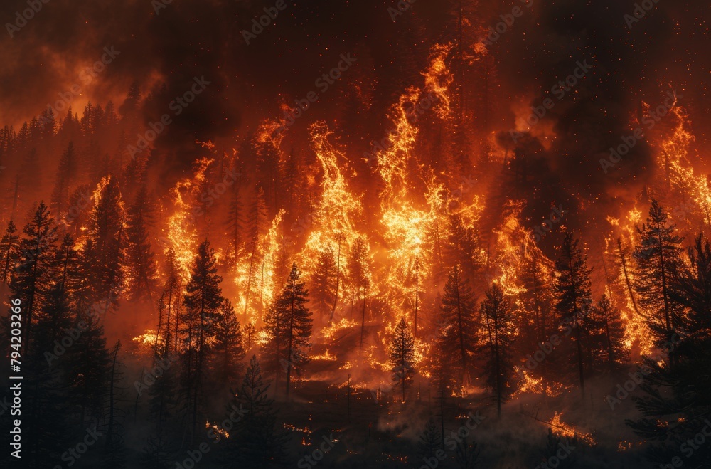 A forest fire is raging through a wooded area, with trees and brush burning in the flames. The sky is dark and ominous, and the fire is spreading rapidly. Scene is one of danger and destruction