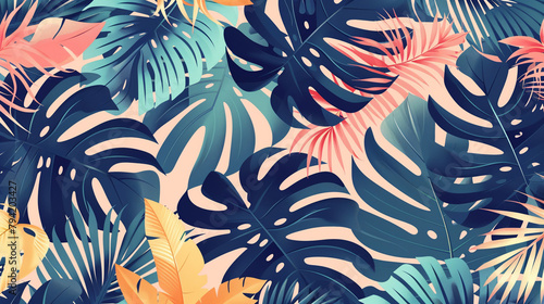 Abstract seamless pattern with tropical leaves in pastel colors. Vector illustration of natural elements for textile, wallpaper or print design