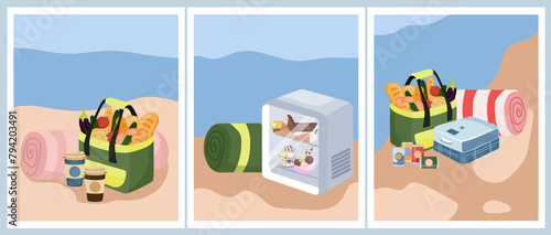 Set of summer picnic posters and postcards with a colorful beach backdrop, featuring a picnic basket, a cooler, and an array of tasty treats