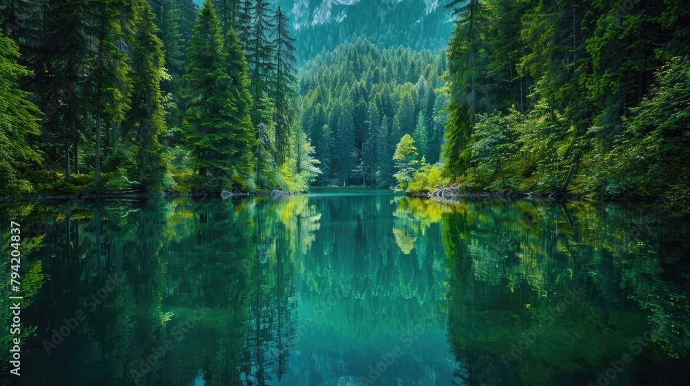 A tranquil lake nestled among towering trees, its mirror-like surface reflecting the lush greenery and vibrant colors of the surrounding forest. A tranquil lake nestled among towering trees, its mirror-like surface reflecting the lush greenery and vibrant colors of the surrounding forest.
