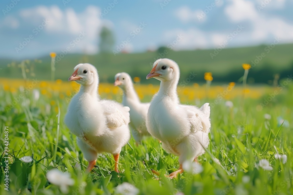 Three baby chicks are standing in a field of grass