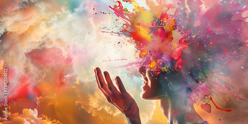 paint explosion abstract colorful painting of the human mind with open mind creativity concept Colorful splash from a head #794204812