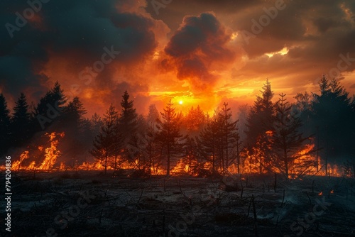 A forest fire is burning in the woods, with the sun setting in the background