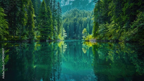 A tranquil lake nestled among towering trees, its mirror-like surface reflecting the lush greenery and vibrant colors of the surrounding forest.
