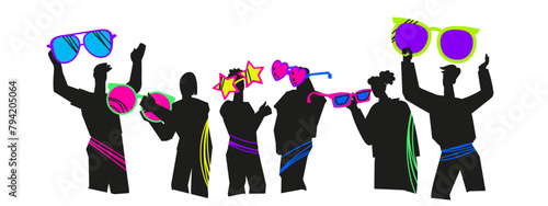 Optometry and ophthalmology eye care medicine banner backdrop with silhouettes of people trying on stylish eyeglasses. Optometry and eyesight concept, flat vector illustration isolated on background.