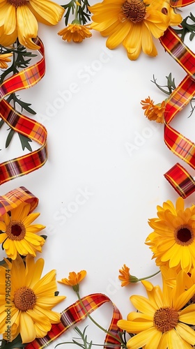 A frame made from beautiful yellow germini with red tartan ribbons on a white background. Daisies