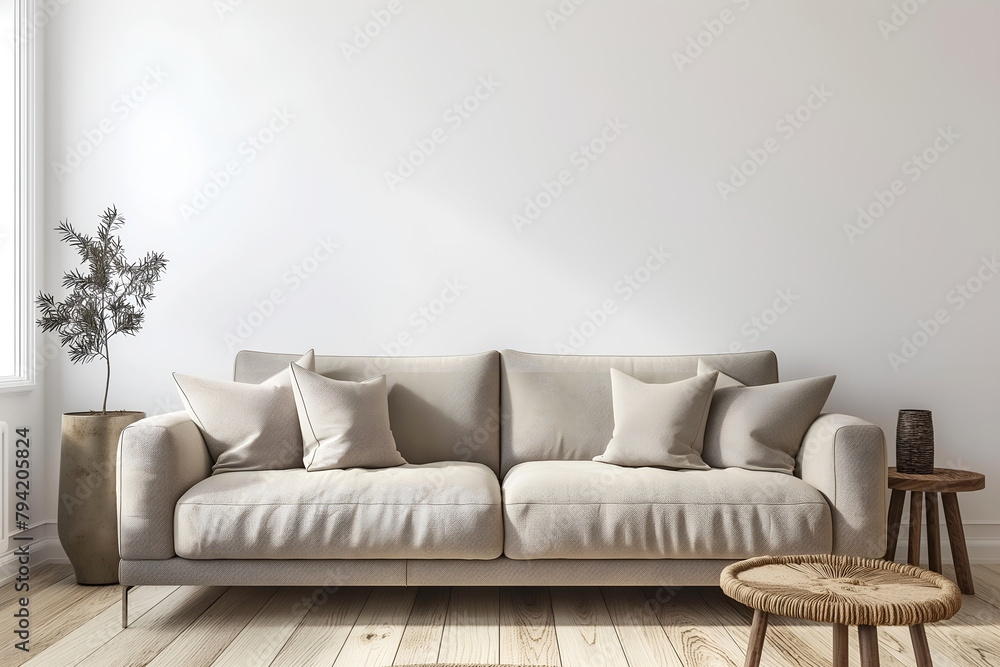Interior Living Room, Empty Wall Mockup In White Room With Gray Sofa And Decorations, 3d Render Real Room Template