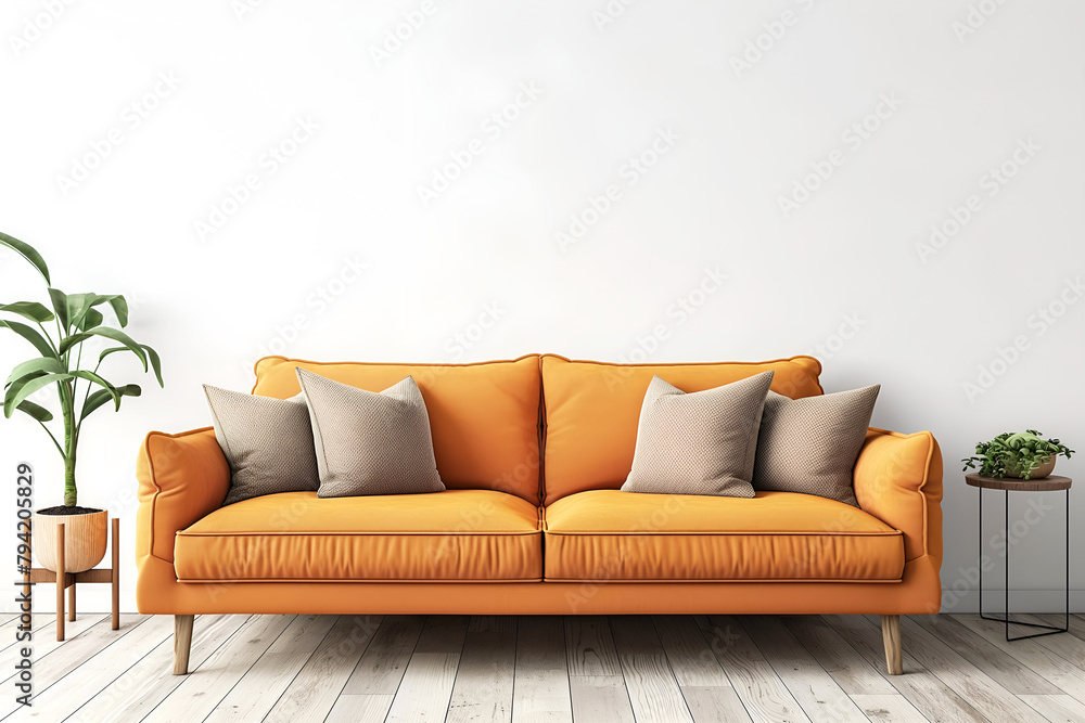 Interior Living Room, Empty Wall Mockup In White Room With Orange Sofa And Green Plants, 3d Render Real Room Template
