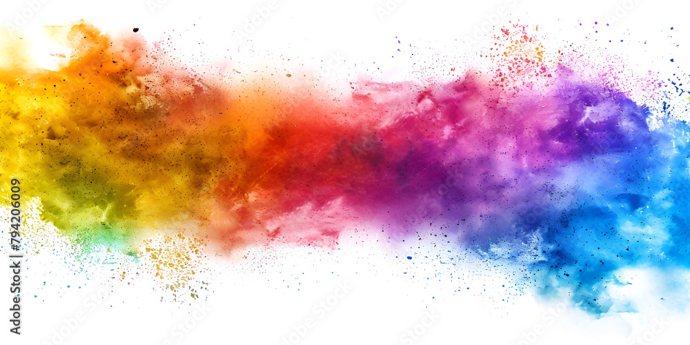 Multicolored powder explosion on white background Colored cloud Colorful dust explode Paint Holi abstract multicolored dust splatter on white background
