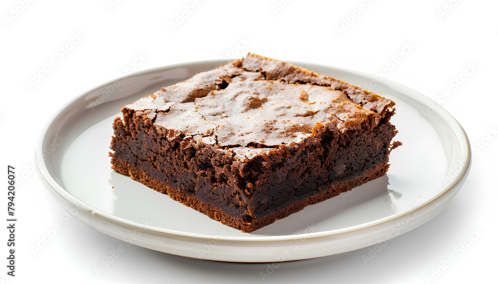 Plate with piece of tasty chocolate brownie isolated on white background Plate with piece of tasty chocolate brownie isolated on white background