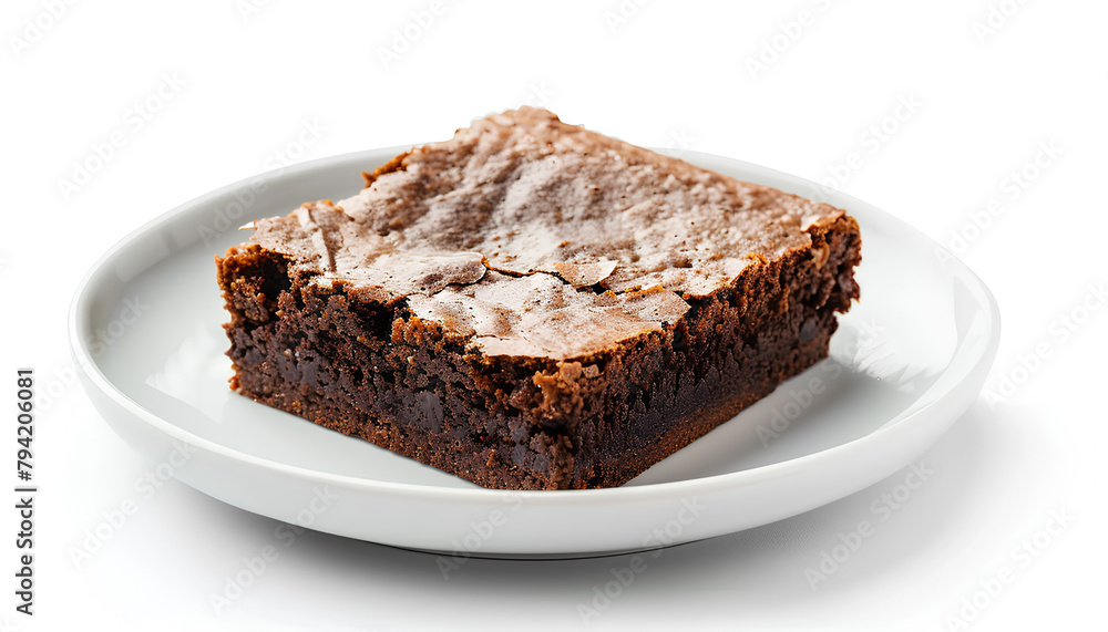 Plate with piece of tasty chocolate brownie isolated on white background Plate with piece of tasty chocolate brownie isolated on white background