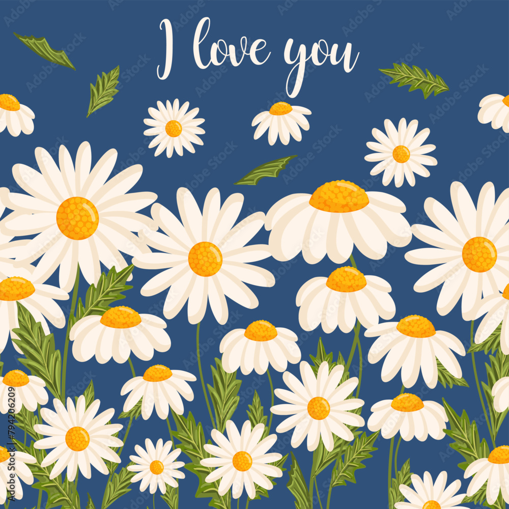 Mother's day greeting card. Seamless pattern for postcard or poster with daisies. Chamomile vector floral illustration for congratulations or decor etc. Festive template can add text. Mother's day greeting card. Seamless pattern for postcard or poster with daisies. Chamomile vector floral illustration for congratulations or decor etc. Festive template can add text.