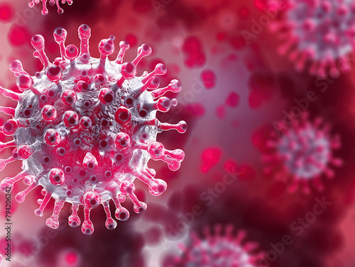 A close up of a virus with red and gray spikes. The virus is surrounded by a grayish-red color