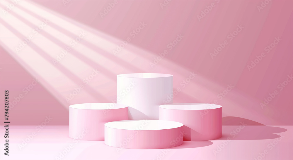 pastel pink background with empty white cylinder podium and shadows for product presentation, Generative AI pastel pink background with empty white cylinder podium and shadows for product presentation, Generative AI