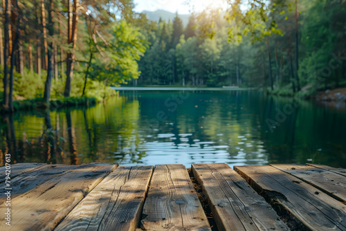 An empty wooden table with a blur background of a refreshing summer lake and lush green forest, ideal for vacation and relaxation.