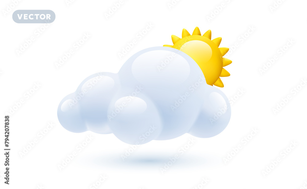Vector weather partly cloudy day illustration of shine yellow color sun with fluffy cloud on white background with shadow. 3d cartoon style design of cloud with sun Vector weather partly cloudy day illustration of shine yellow color sun with fluffy cloud on white background with shadow. 3d cartoon style design of cloud with sun
