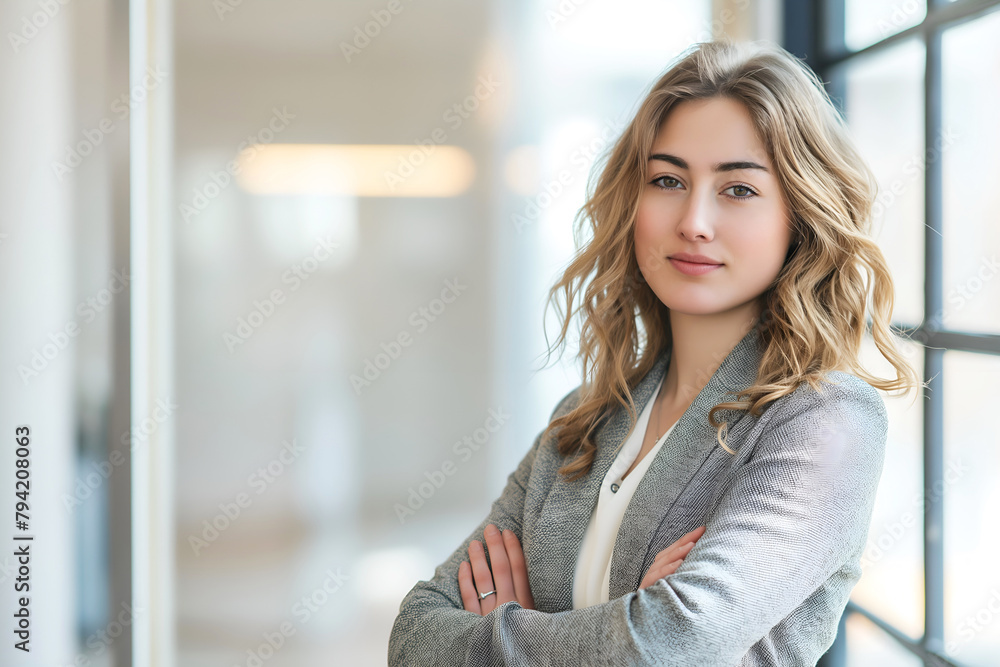 Fototapeta premium Young Successful Businesswoman At Corporate Office, Professional Woman, Successful Entrepreneur, Business Attire