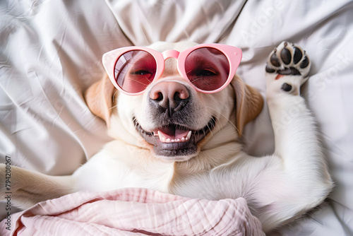 Chien amusant allongé sur un lit avec des lunettes roses et souriant © Concept Photo Studio