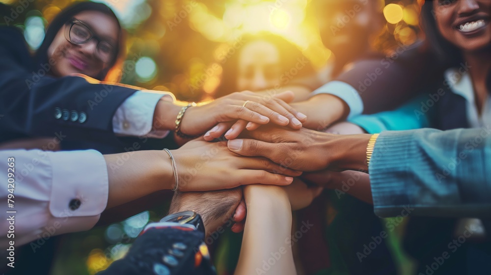 Group of friends with hands stacked one on top of another, friendship, support, togetherness. Multiethnic businesspeople with hands touching on top of each other