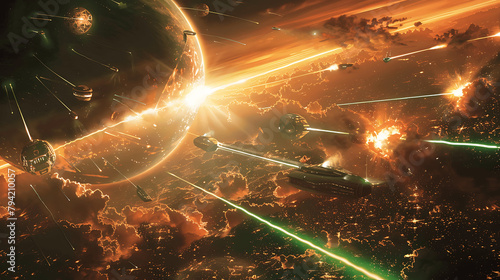 A war scene with planes flying through a sky full of fire and explosions. Scene is intense and chaotic