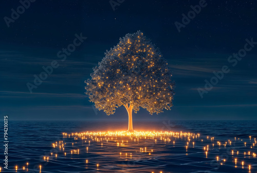 Tree glowing with lights and surrounded by candle lights in the middle of the blue ocean at night.