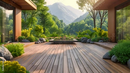 Beautiful wooden deck is an elegant and appealing addition to any outdoor space photo