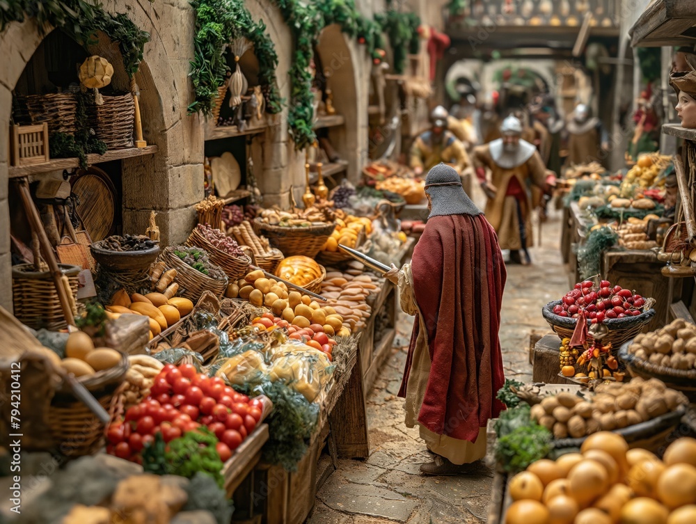 A man in a red robe walks through a market filled with fresh produce. The market is bustling with activity, and the man seems to be in charge of the produce. The scene is lively and full of energy