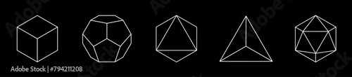 Set of vector linear platonic solids. Mathematical geometric shapes such as cube, tetrahedron, octahedron, dodecahedron, icosahedron. Icon, logo, button.