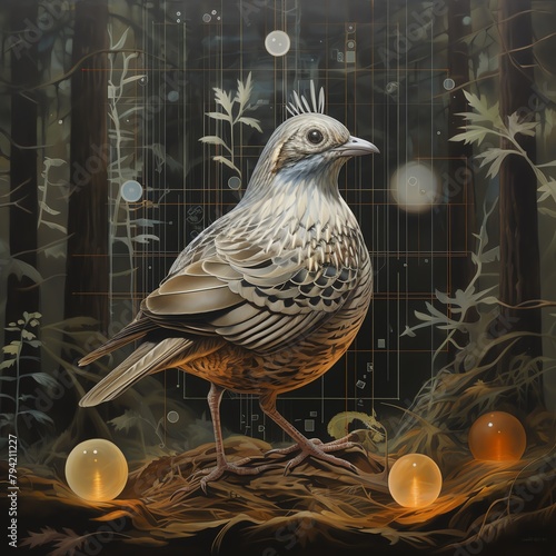 Dynamic vertical composition that captures a Quantum Quail as it phases in and out of visibility, with its feathers shimmering between states of quantum superposition photo