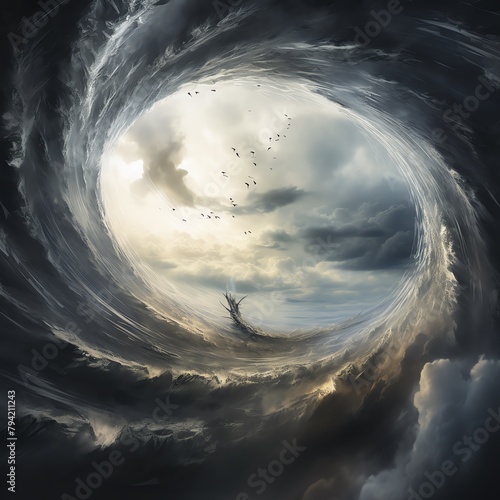 Dynamic vertical image capturing a Vortex Vulture soaring through a swirling sky, with clouds twisting around it in a mesmerizing spiral, this aspect ratio highlights  photo