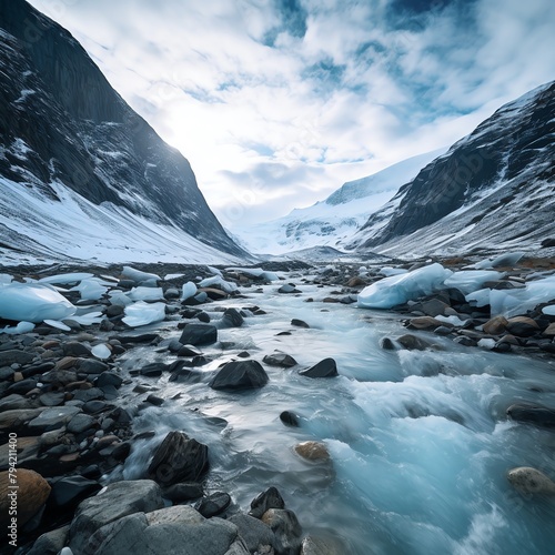 Stunning vertical shot capturing the serene flow of a Glacier Stream as it winds through a frozen landscape, edged by icy banks and scattered snow