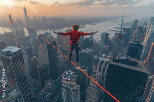 Highline slacklining over a cityscape, a slackliner balancing on a thin line between skyscrapers photo