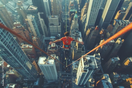 Highline slacklining over a cityscape, a slackliner balancing on a thin line between skyscrapers photo