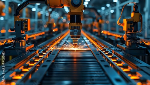 Automated welding arm on factory assembly line for vehicle production. Concept Automated Welding, Factory Assembly Line, Vehicle Production, Industrial Robotics, Manufacturing Automation