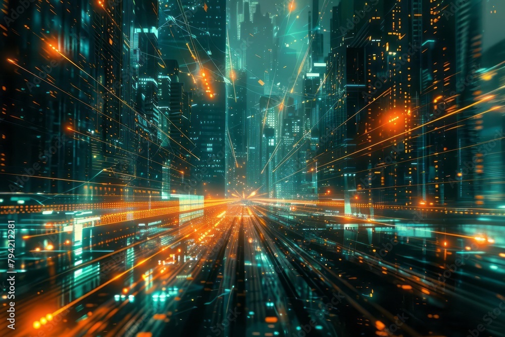 Futuristic cityscape with a web of fiber optic connections, high-speed communication