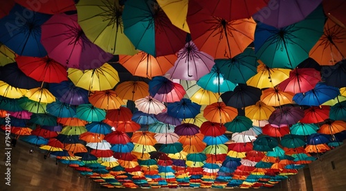  Colorful umbrellas hanging from ceiling, creating vibrant display.