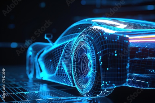 3D rendering of holographic blue car on dark background photo