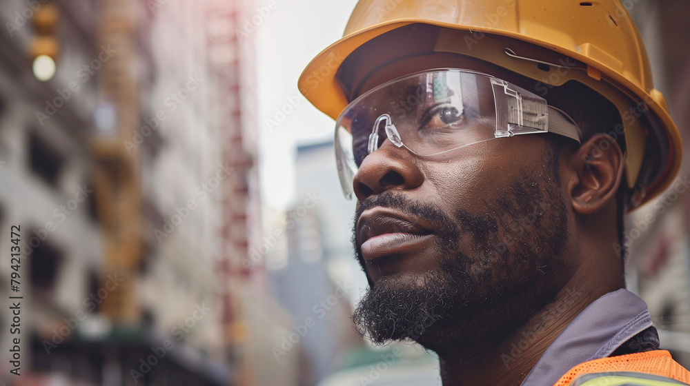 In a close-up portrait, an African American construction worker wears safety glasses and a hard hat, with the city skyline in soft focus behind him. Lost in thought, he gazes to his right. The bustlin In a close-up portrait, an African American construction worker wears safety glasses and a hard hat, with the city skyline in soft focus behind him. Lost in thought, he gazes to his right. The bustlin