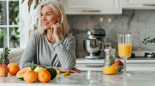 In natural lighting, a middle-aged woman sits at a white kitchen island, wearing a grey long-sleeve shirt, happily eating fruit. Around her, a blender and fruits adorn the counter, with a glass of ora