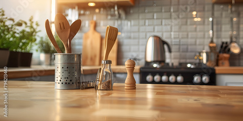 kitchen utensils in a restaurant photo