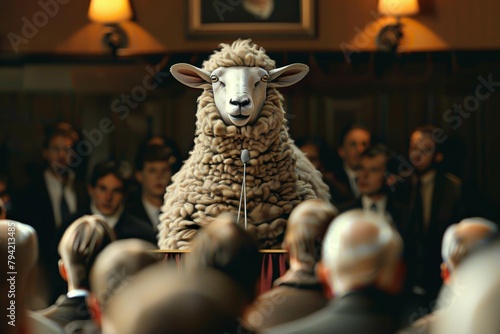 Sheep speaker, public speaking among people. Metaphorical concept. Backdrop with selective focus and copy space photo