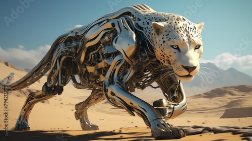 Illustrate a robotic cheetah sprinting across a surreal digital landscape