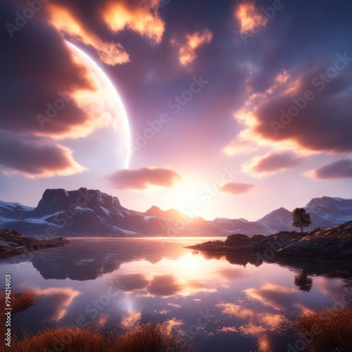 fantastic landscape of a mountain lake with sunset in the mountains. planet, concept fantasy, nature fantastic nature