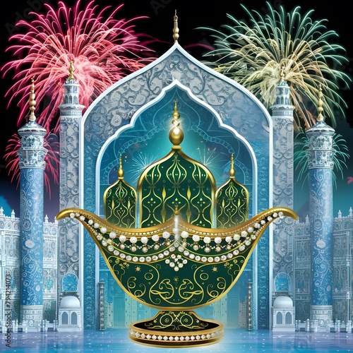 Eid Mubarak Celebration  Royal Lamp & Mosque Gate with Fireworks  Ramadan Kareem Stock Image photo